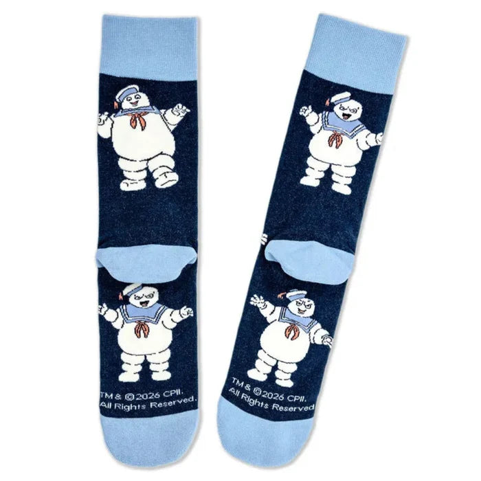 Pair of ghostbuster socks with cartoon character on a white background