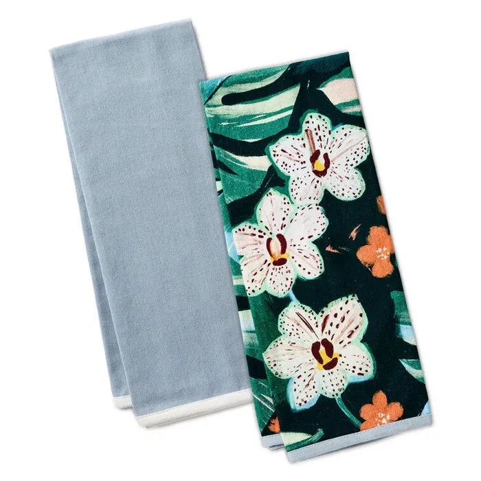 Hallmark : Green Floral and Blue Chambray Tea Towels, Set of 2