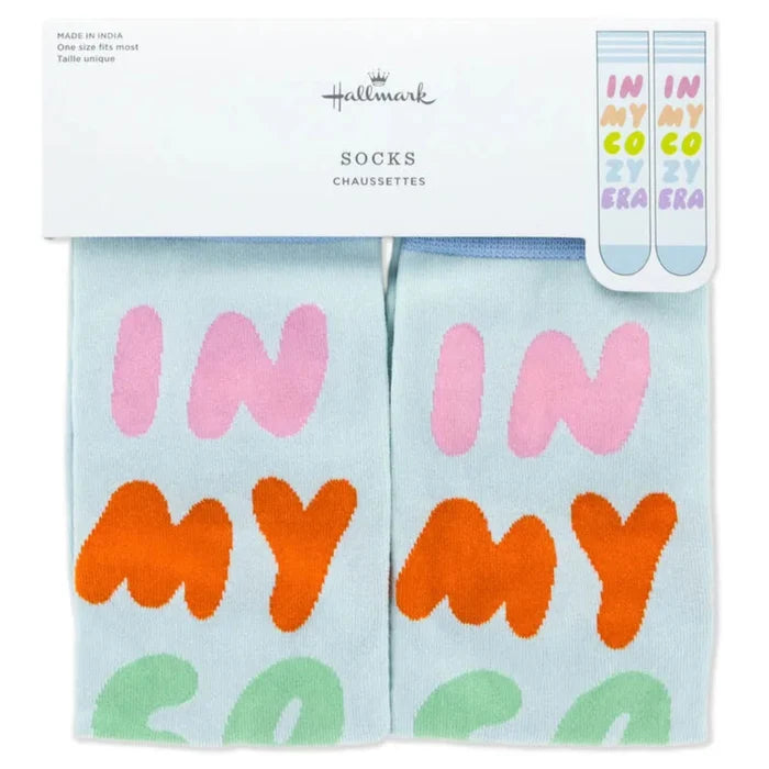 Packaged socks with colorful text and Hallmark branding