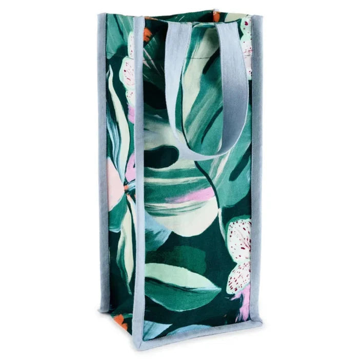 Tote bag with tropical leaf and butterfly design on a white background