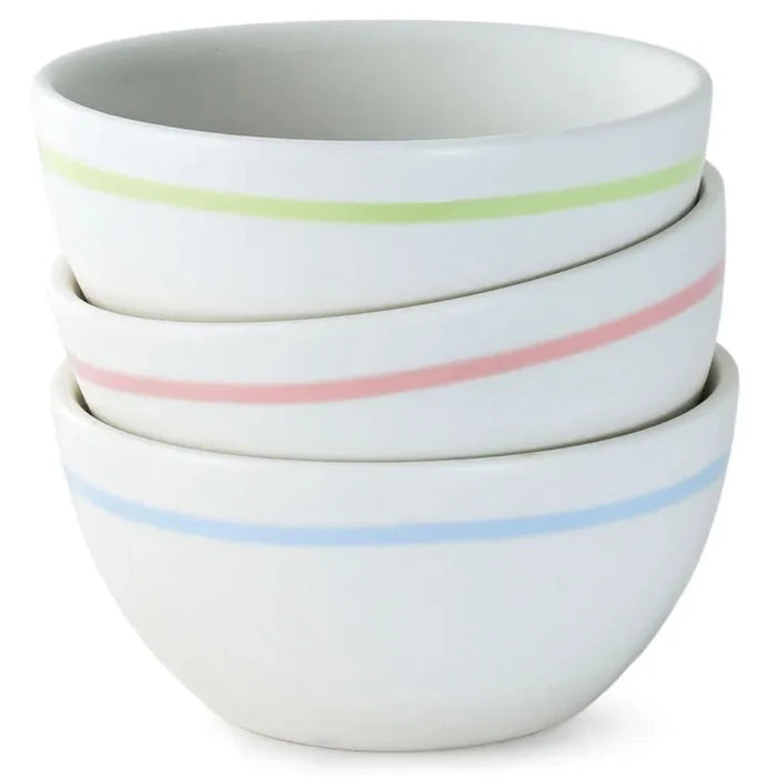 Set of four ceramic bowls with pastel color stripes on a white background