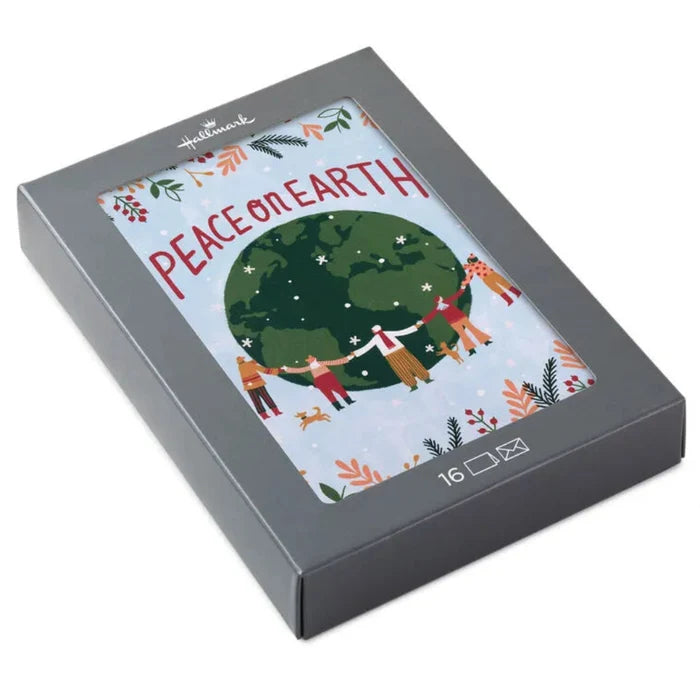 Gray box with a Christmas-themed card inside featuring 'Peace on Earth' text and a tree illustration.