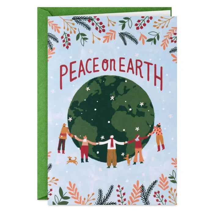 Greeting card with 'Peace on Earth' text and people holding hands around a world map.