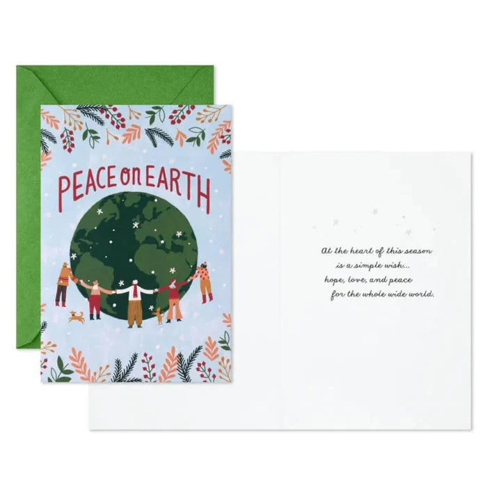 Greeting card with 'Peace on Earth' text and people holding hands around a globe, with a green envelope.