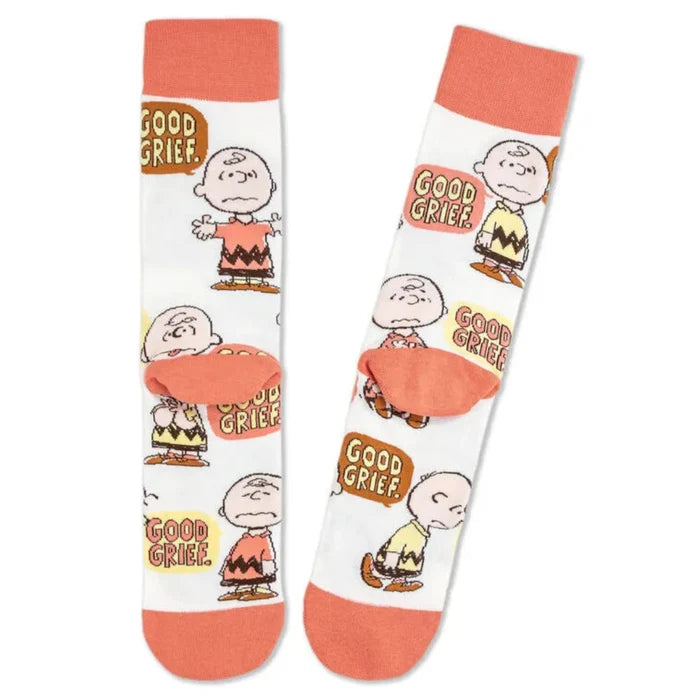 Pair of socks with cartoon character design and 'Good Grief' text on a white background