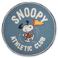 Round blue rug with Snoopy and 'Snoopy Athletic Club' text on a white background