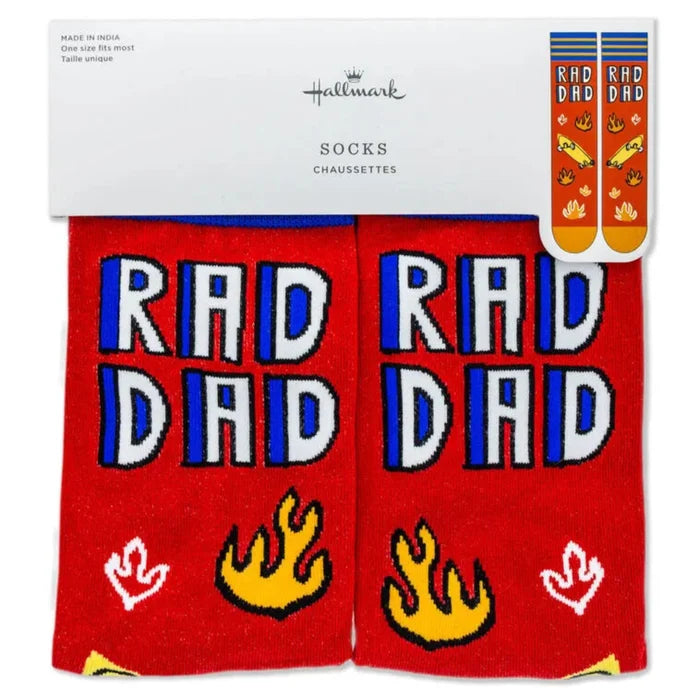 Pair of 'RAD DAD' socks with flames on a red background, displayed with Hallmark packaging.