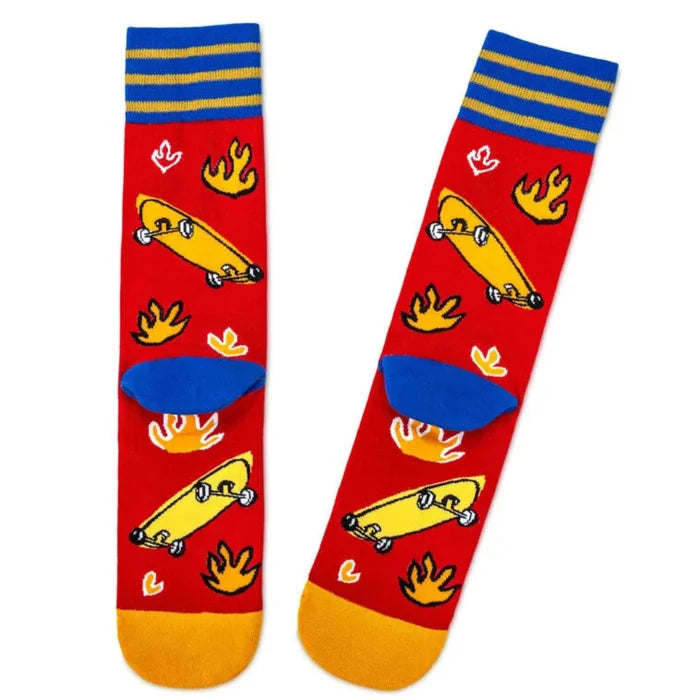 Colorful socks with skateboard design on a white background