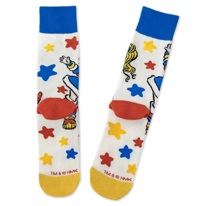 Colorful socks with cartoon characters and star patterns on a white background