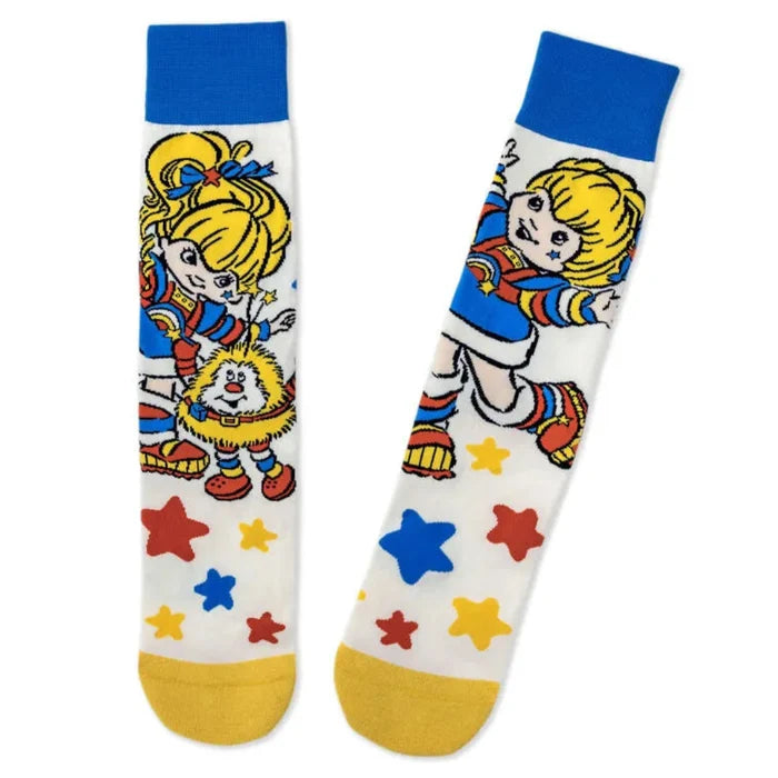 Colorful socks with cartoon character and star pattern on a white background