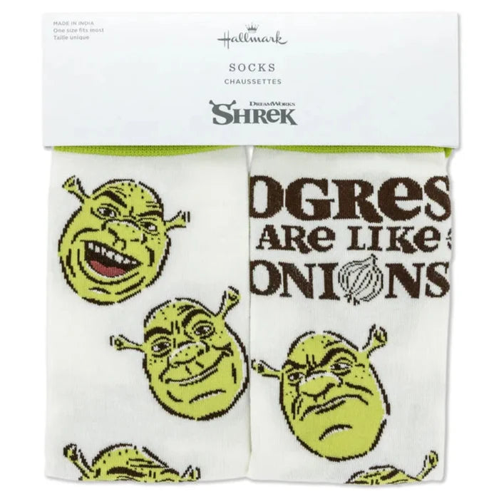 Shrek socks with faces and text 'Dregres are like onions' on a white background