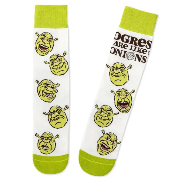 Pair of socks with Shrek faces and text on a white background