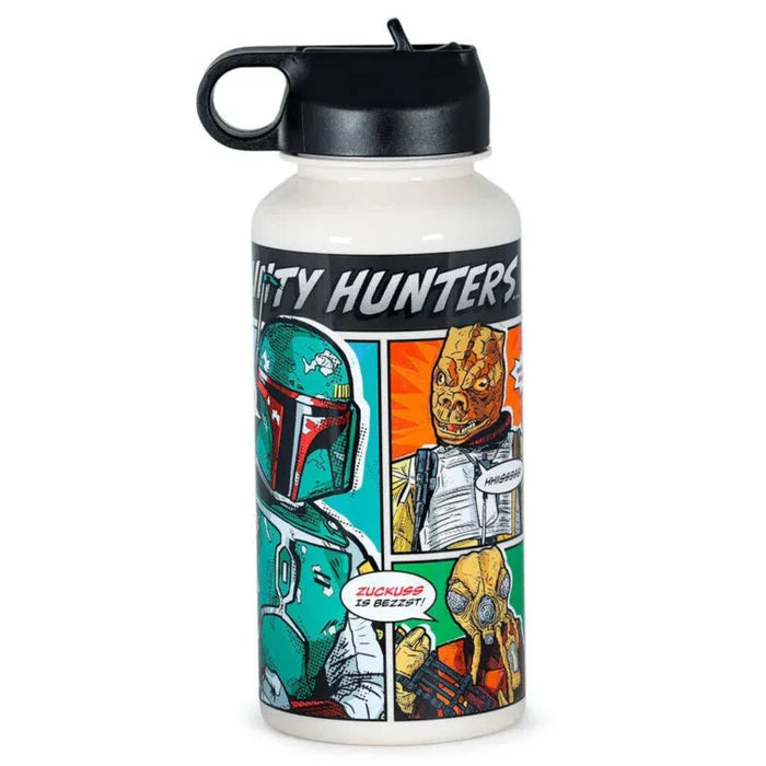Water bottle with ' bounty hunters' design on a white background