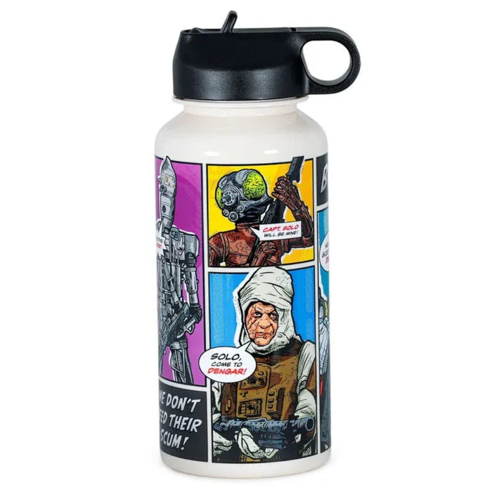 Water bottle with Star Wars comic-style illustrations on a white background