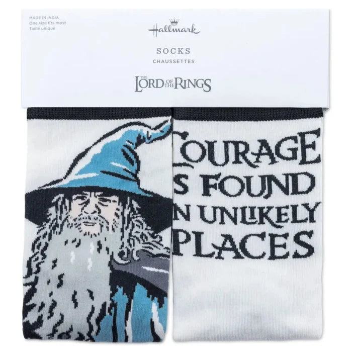 Lord of the Rings socks with Gandalf design and quote 'Courage is found in unlikely places'.