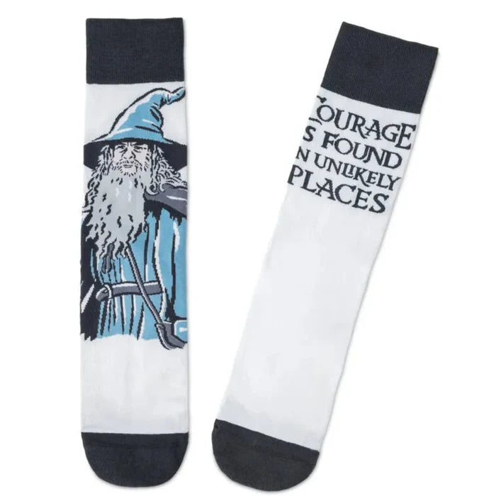 Two socks with a design of a character from 'The Lord of the Rings' and text on a white background.