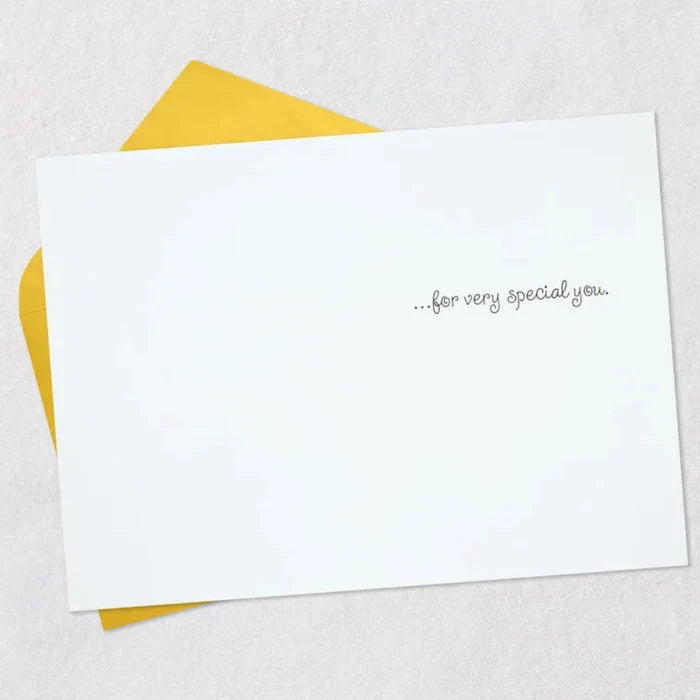White card with 'for very special you' text on a yellow envelope against a light gray background