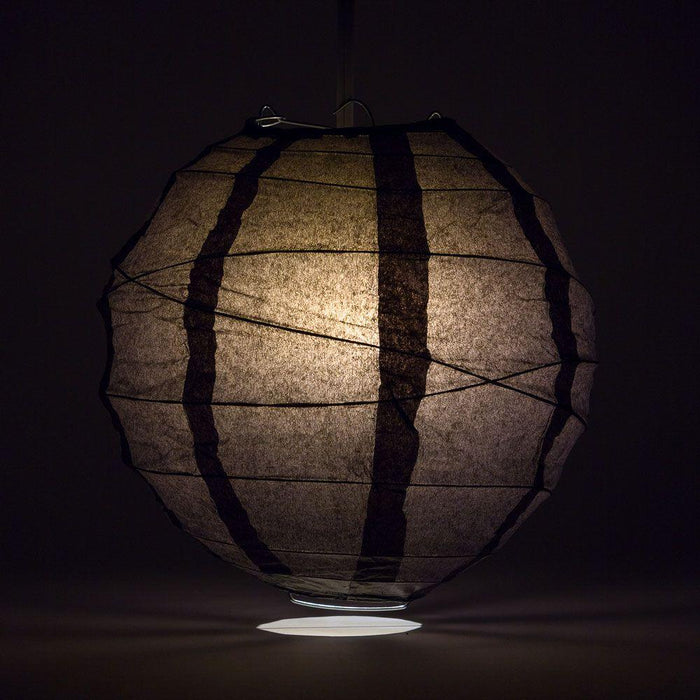 Lit Black Round Paper Lantern, Crisscross Ribbing, Chinese Hanging Wedding & Party Decoration