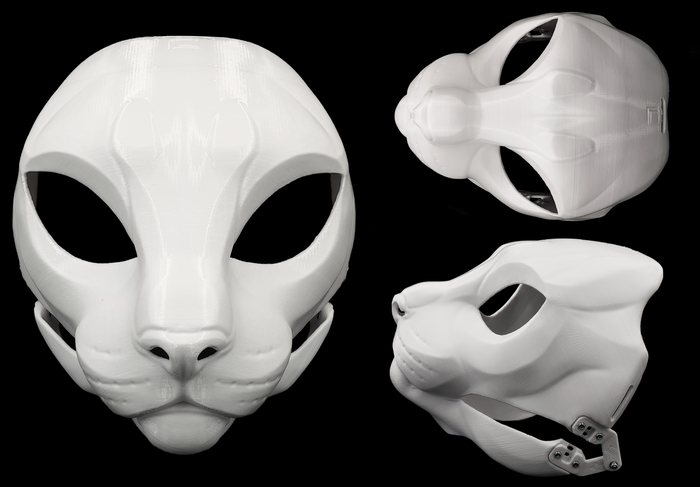 Photo collage showing a white, plastic 3D printed house cat fursuit head base complete with metal hardware featuring a front, side, and top view against a black background.
