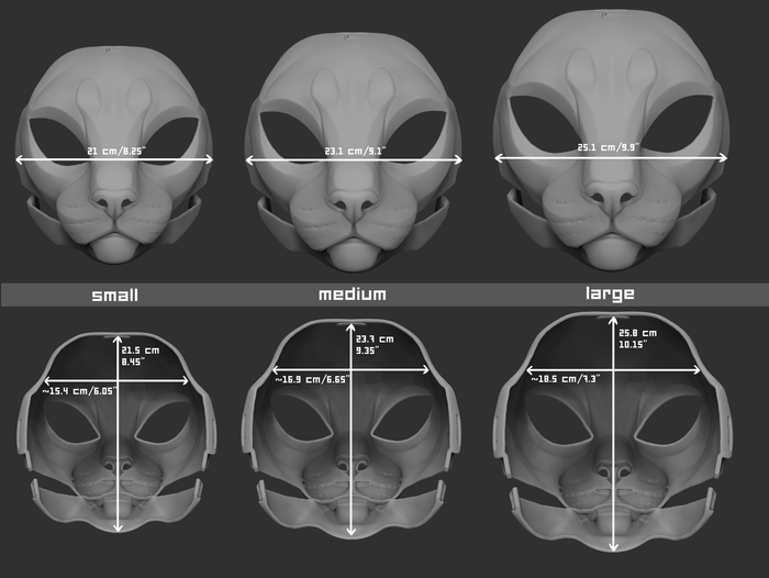 Size chart for a house cat mask or fursuit base featuring three 3D light grey renderings with measurements labeled for small, medium, and large sizes on a dark grey background.
