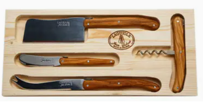 Jean Dubost Olive Wood 4pc Cheese and Wine Set