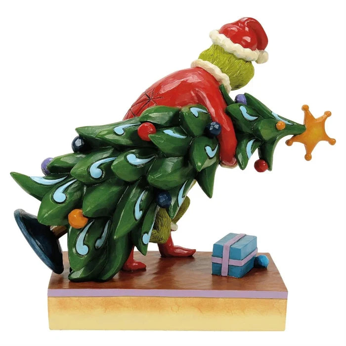 Animated  Grinch character  Jim Shore figurine with a Christmas tree and gift on a white background