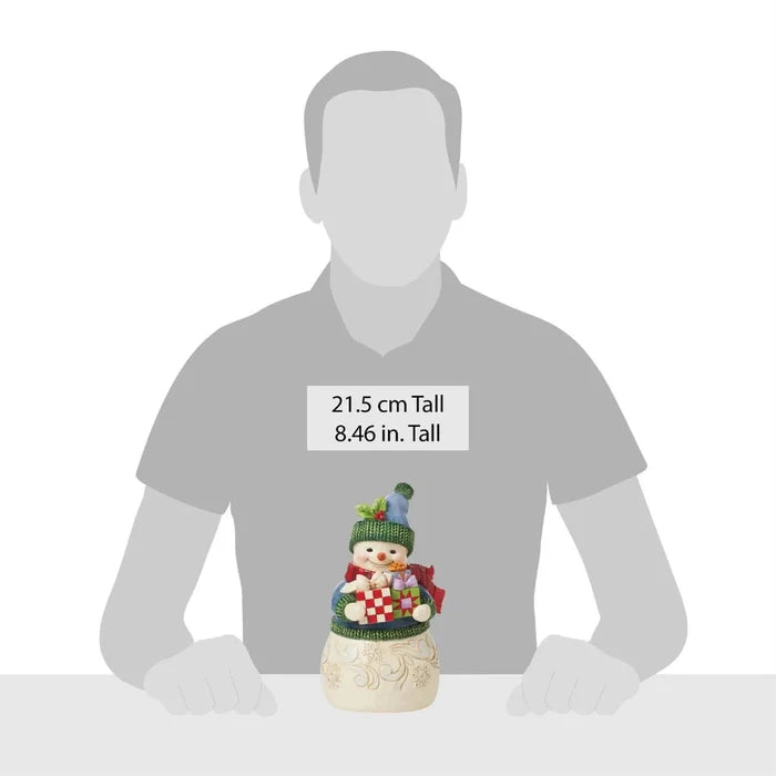 Measurement  image with a persons silhouette  in gray and a decorative snowman figurine on a white background.