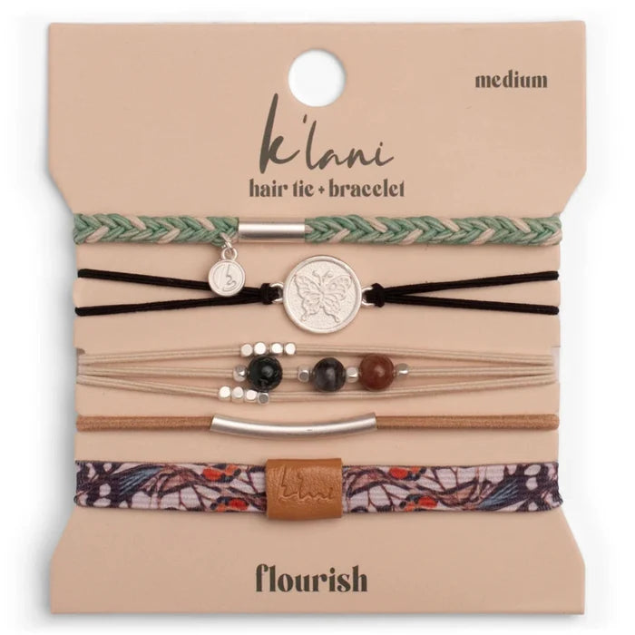 Medium butterfly hair tie bracelet with a natural-inspired design and elegant earthy tones.