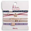 Liberty patriotic red, white, and blue hair tie bracelet with gold and silver star accents.