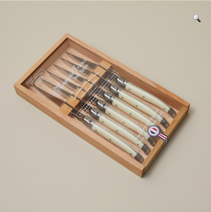 Laguiole 6 Piece Steak Knife Set, Ivory in Wood Box with Acrylic Lid