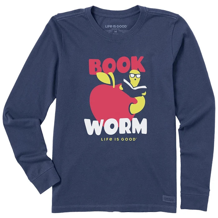 Life Is Good Book Worm Long Sleeve Tee – navy shirt with cartoon bookworm reading a book inside a red apple.