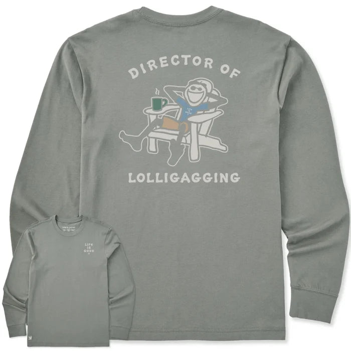 Life Is Good Men's Dir of Lolligaggin Jake Adirondack Long Sleeve Crusher T-Shirt featuring Jake relaxing in an Adirondack chair.