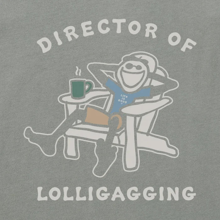 Life Is Good Men's Dir of Lolligaggin Jake Adirondack Long Sleeve Crusher T-Shirt featuring Jake relaxing in an Adirondack chair.