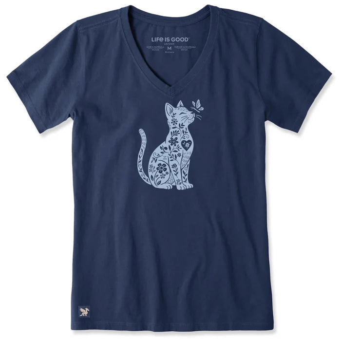 Life Is Good Women's Botanicat Short Sleeve Crusher Vee T-Shirt with floral paw print graphic and soft V-neck design