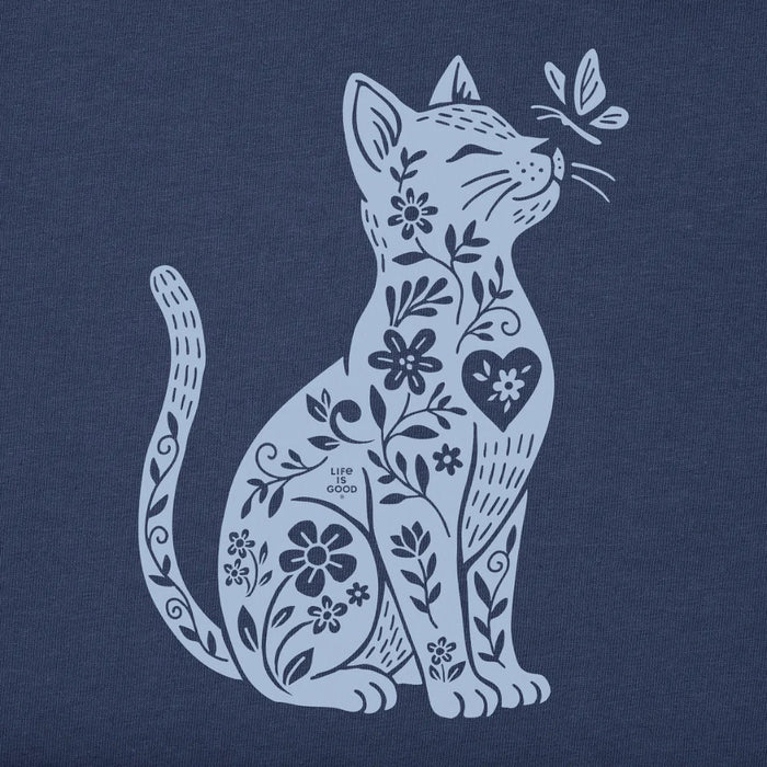Life Is Good Women's Botanicat Short Sleeve Crusher Vee T-Shirt with floral paw print graphic and soft V-neck design