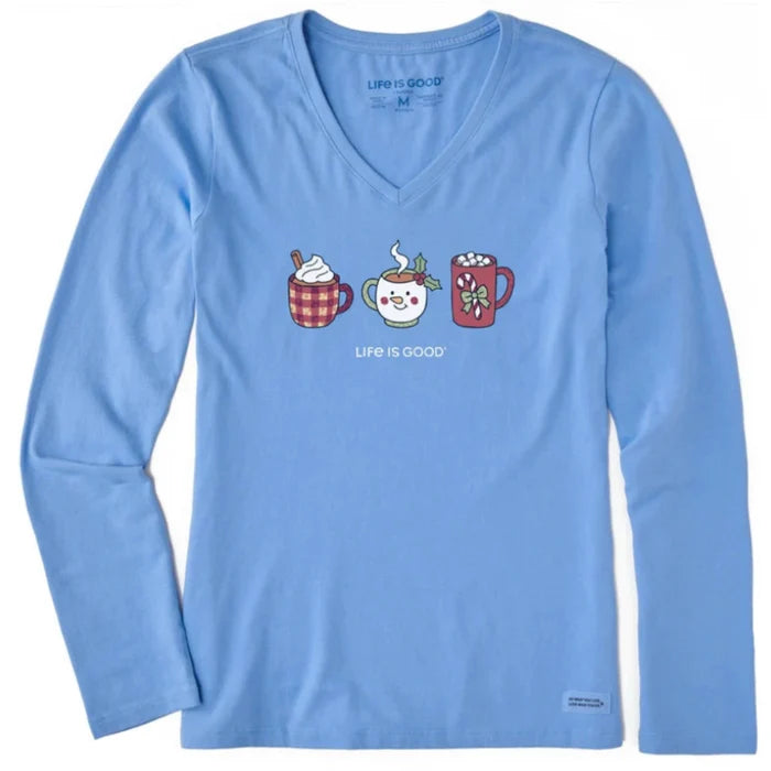 Women's Christmas Mug Trio Long Sleeve Crusher Vee featuring festive Christmas mug graphics on a casual V-neck top