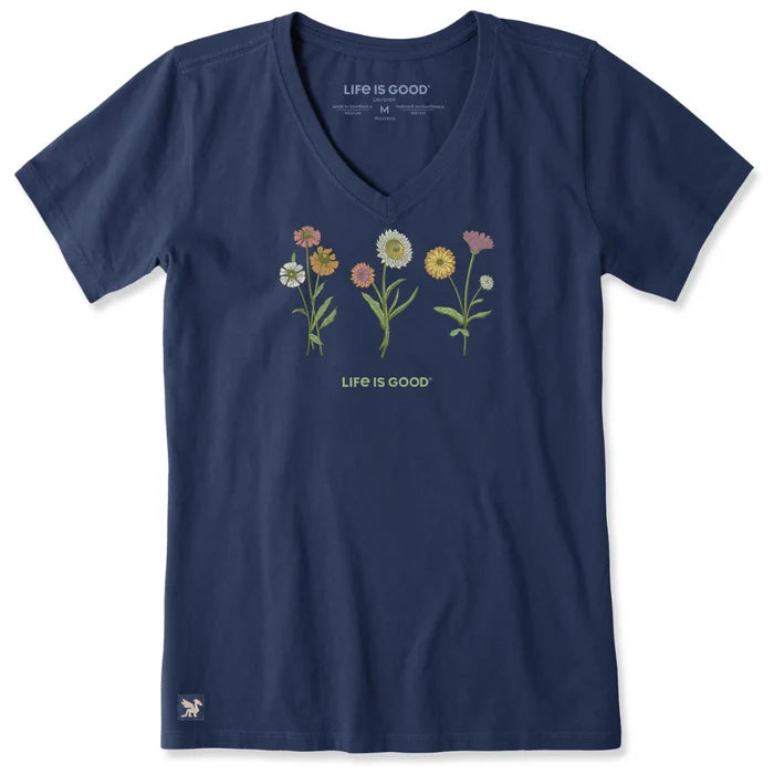 Life Is Good Women's Fall Botanical Flowers Short Sleeve Crusher Vee T-Shirt with vibrant floral botanical graphic and soft V-neck design
