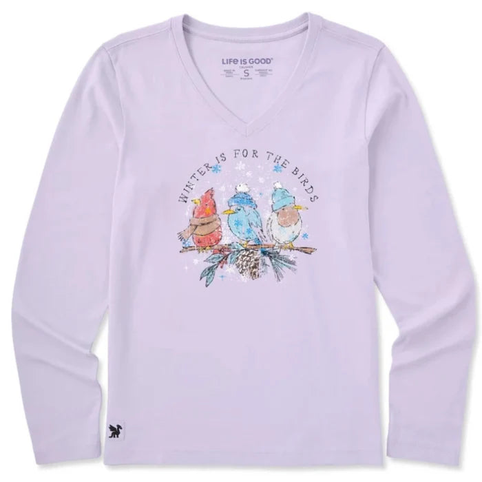 Women's Winter Is for the Snowy Birds Long Sleeve Crusher Vee featuring a charming winter bird graphic.