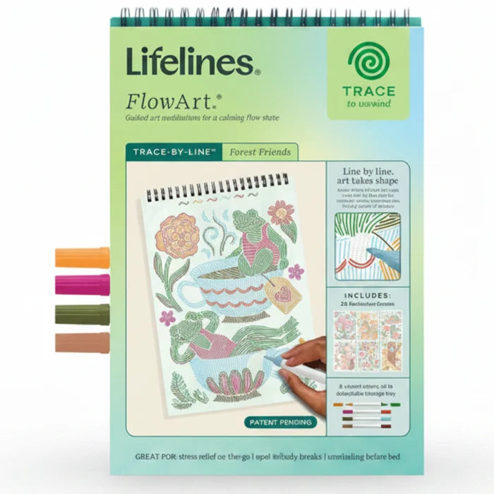 The Lifelines FlowArt Trace-by-Line Woodland Whimsy guided art pad brings enchanting forest scenes to life.