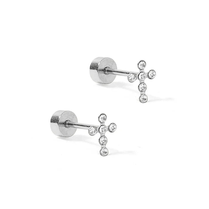 Pair of silver stud earrings with star-like design on a white background