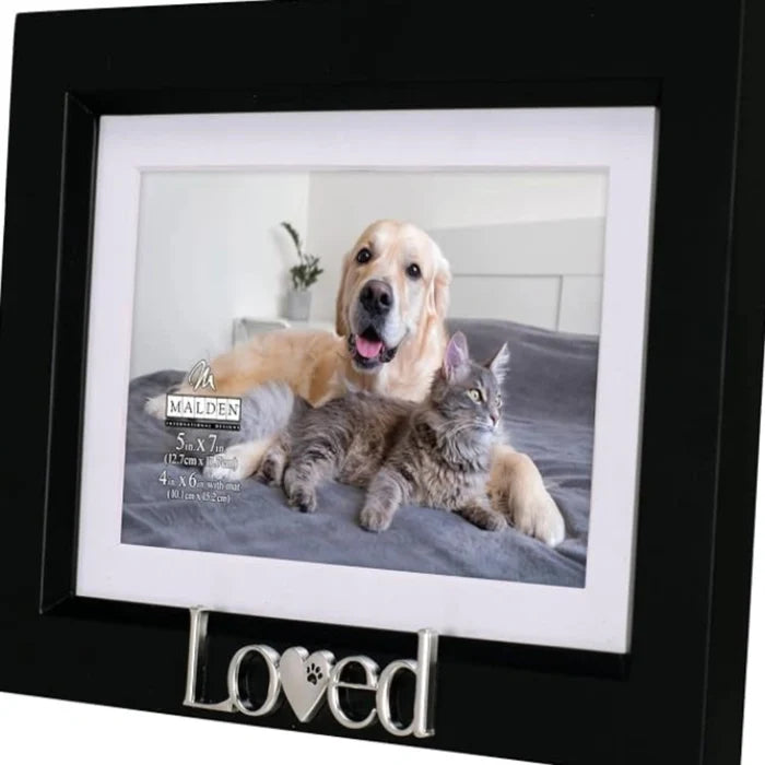 Black pet picture frame with a "Loved" sentiment and paw print accents for displaying a cherished pet photo.
