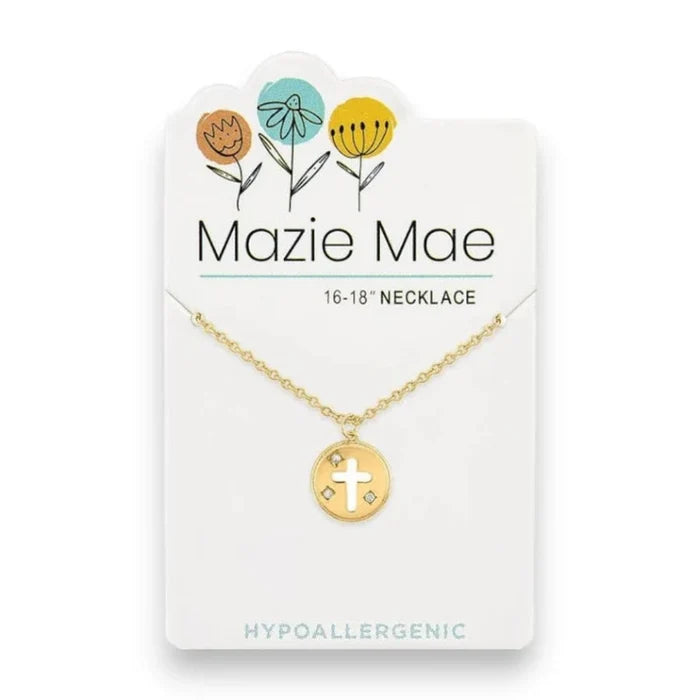 The Mazie Mae Gold Round Enamel Cross Necklace makes a bold statement of faith.