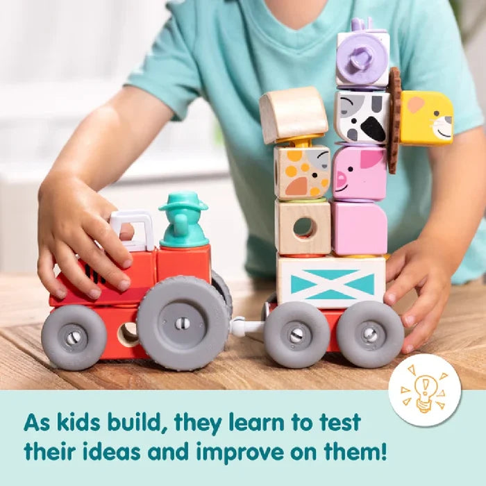 A vibrant wooden toy collection showcasing farm animals like goats, roosters, and bunnies, perfect for children's playtime.