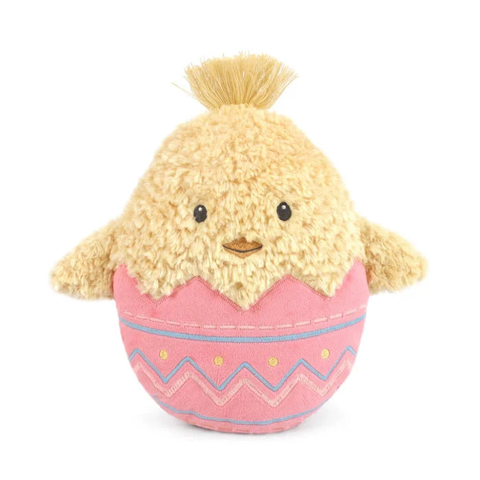 Easter chick accent pillow with pastel egg design on a white background