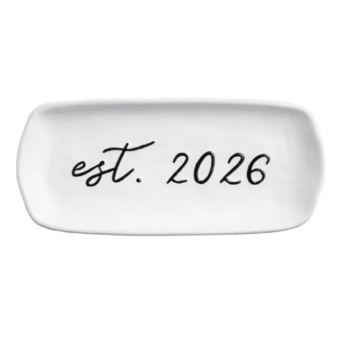 Personalized white ceramic tray with "est 2020" inscription, showcasing a modern and elegant design.