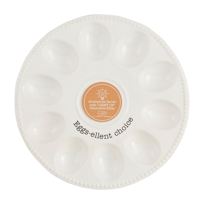 White ceramic Mud Pie Deviled Egg Tray labeled “Eggs-cellent choice.”