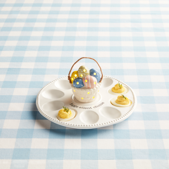 Easter-themed Mud Pie Deviled Egg Tray with light-up egg basket sitter and deviled eggs.