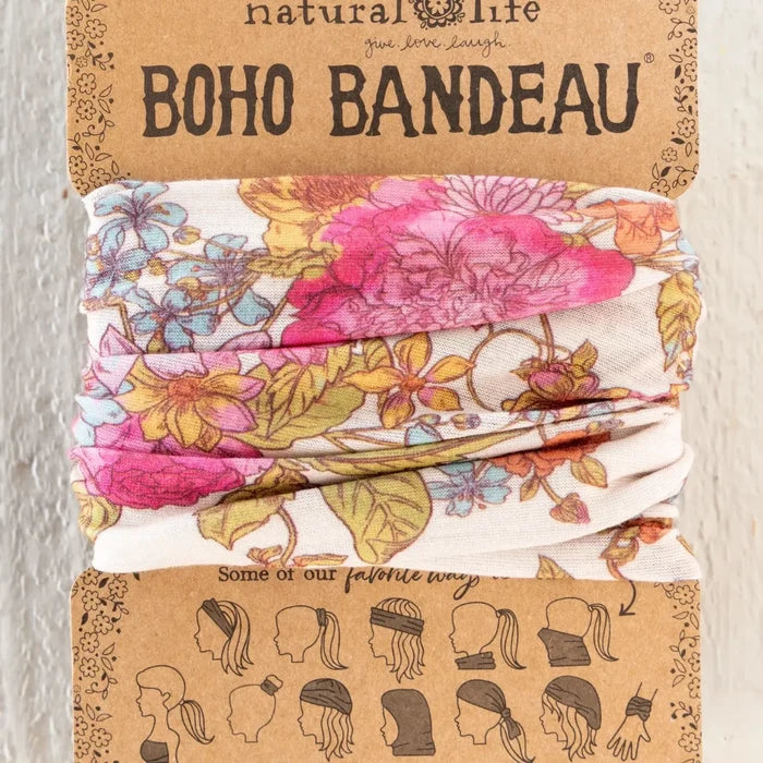 A boho-style bandana featuring a natural life design with earthy colors and intricate patterns.