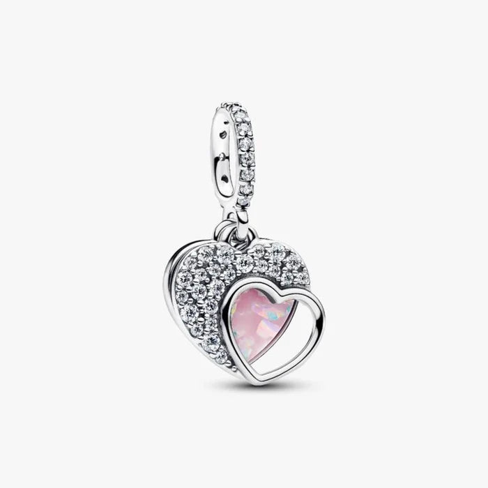 Pandora heart charm adorned with pink opal stones, showcasing a delicate and elegant design.