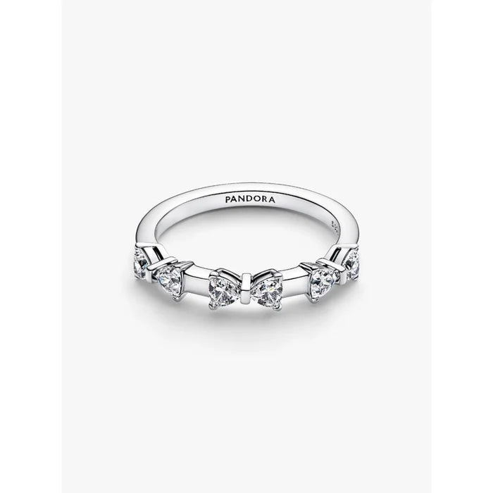 Pandora Bow Station Ring front view showing full bow design in 925 sterling silver with cubic zirconia